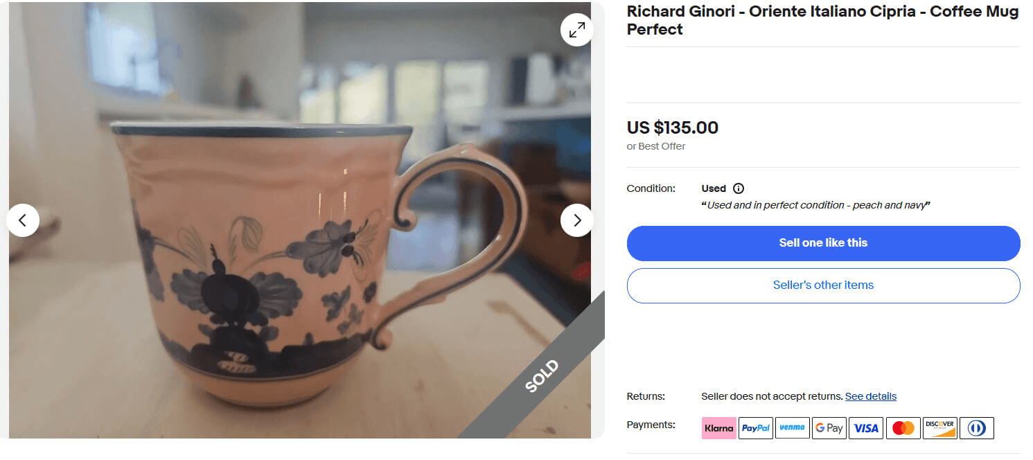 A screenshot showing the same mug sold on eBay for a high price.