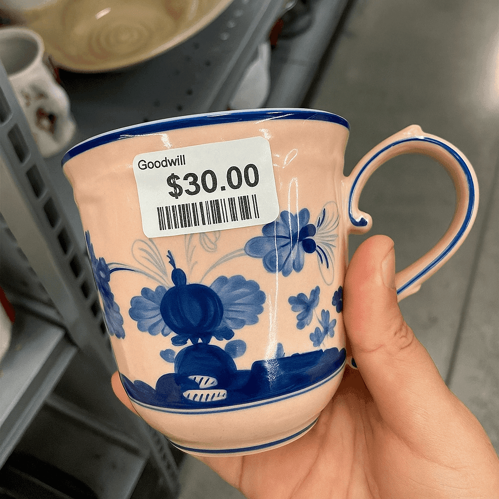 A pink and blue mug with a $30.00 Goodwill price sticker.